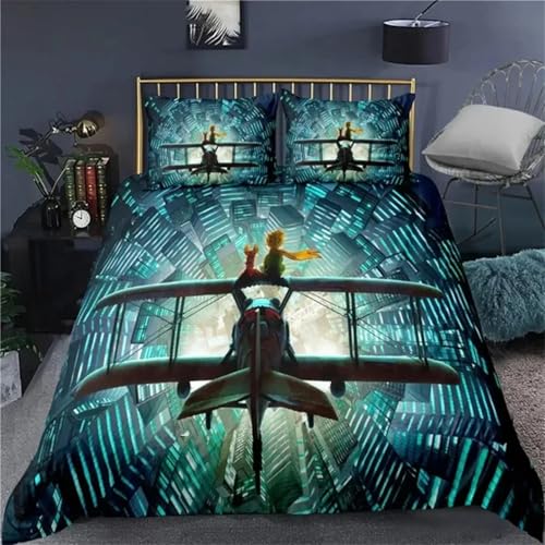 SJSXWQN Parure de Lit 220x240 cm Adulte Petit Prince Bleu Housse de Couette 2 Personnes avec Fermeture Éclair Doux Respirant Microfibre Housse de Couette et 2 Taie...