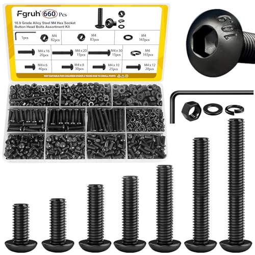 Image of 660PCS M4 Screws with Nuts Assortment Kit, M4-0.7 x 6 /8 /10 /12 /16 /20 /30 mm Hex Button Head Cap Bolts, Nuts & Washers Assorted Set - Grade 10.9 Alloy Steel Machine Screw, Black Zinc Plated