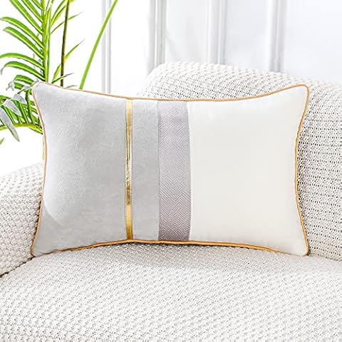 PANOD Patchwork Light Grey Silk-Like Velvet Throw Pillow Cover with Gold Striped Leather Cushion Case Modern Luxury Lumbar Pillowcase for Sofa Couch Bedroom Living Room Home,12x20 inch Cover