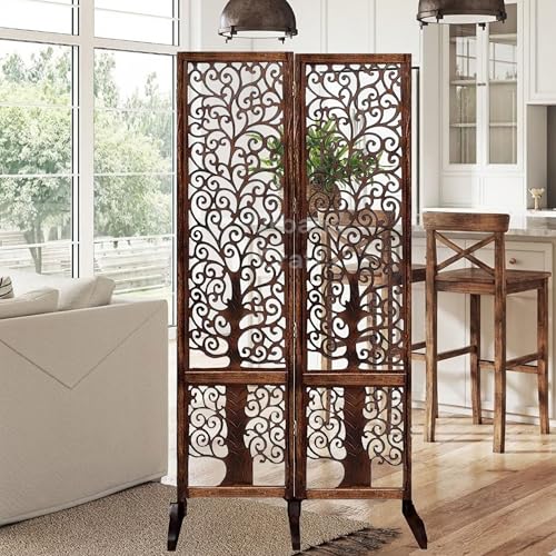 Image of Wooden Room Partition /Screen /Room Divider /Room Separator Traditional Handicrafts 6Ft (Dark Brown) (Tree 2 Panel with Stands)