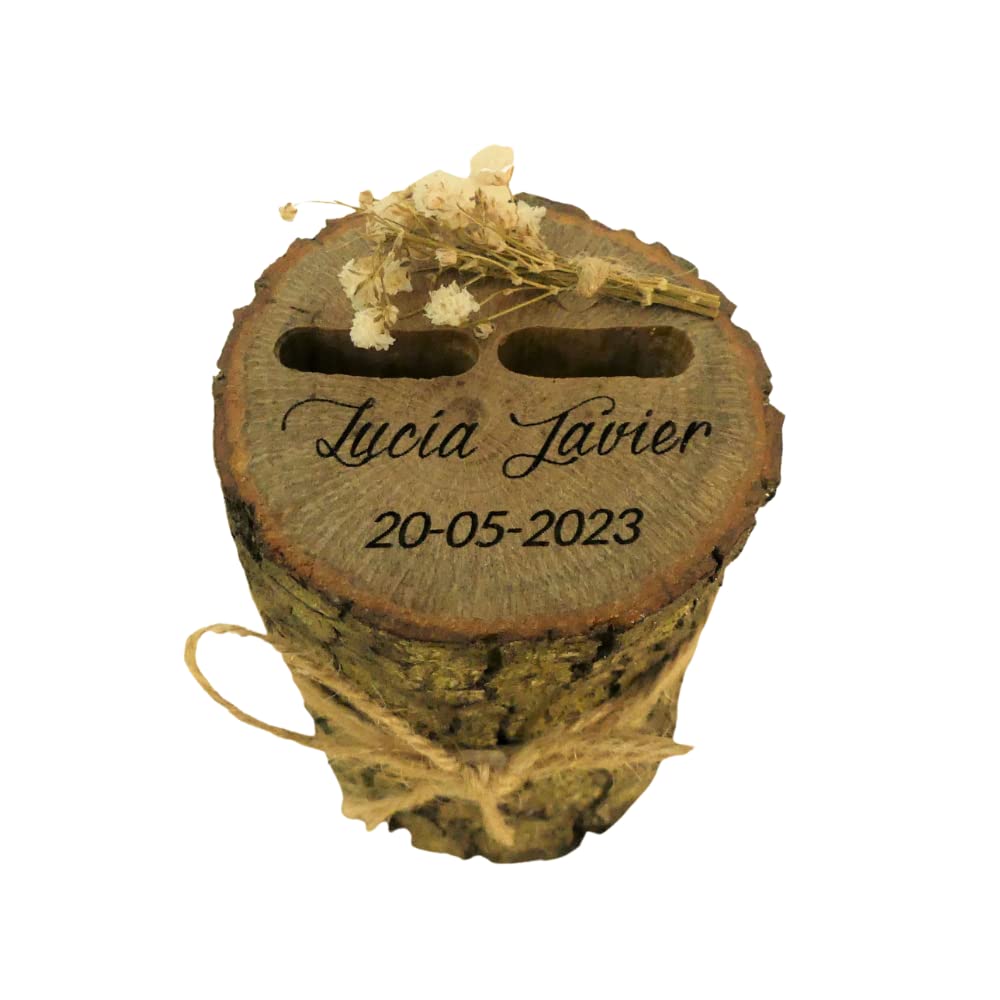 Nomart Porta Alianzas Boda Tronco Personalizable, Tronco Porta Anillos, Porta Alianzas Modelo Noruega Facricado en Madera Natural, Incluye Flores Naturales