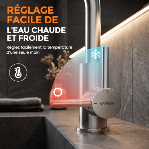 GRIFEMA G1002A Robinet de Salle de Bain Haut Inox Brossé, Bec 360° – vue 5