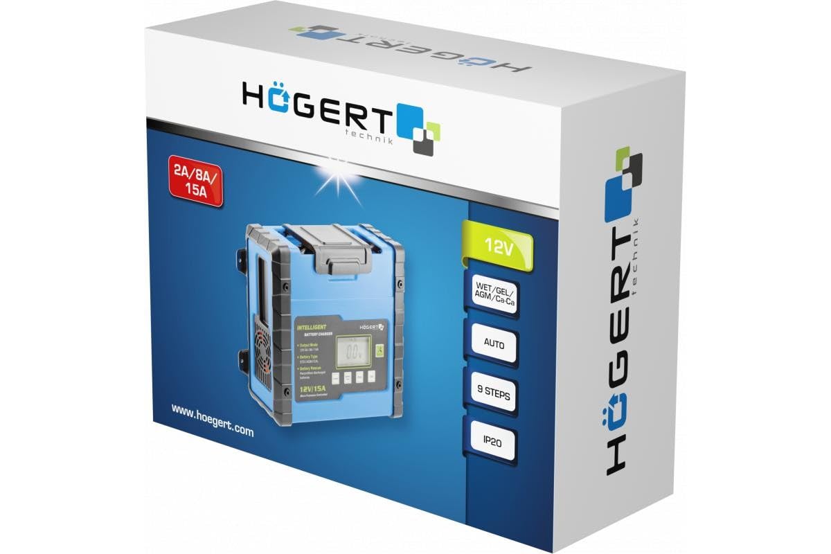 Hogert Technik Cargador de batería de Coche 2A Max 8A Max 15A Max para Coche Camiones Moto Batería Hasta 15-300Ah | Potección contra cortocircuito HT8G613