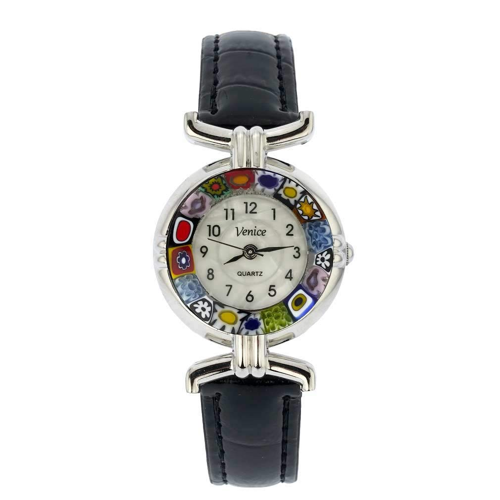 Glass Of VeniceMurano Glass Millefiori Watch with Leather Band - Black Multicolor