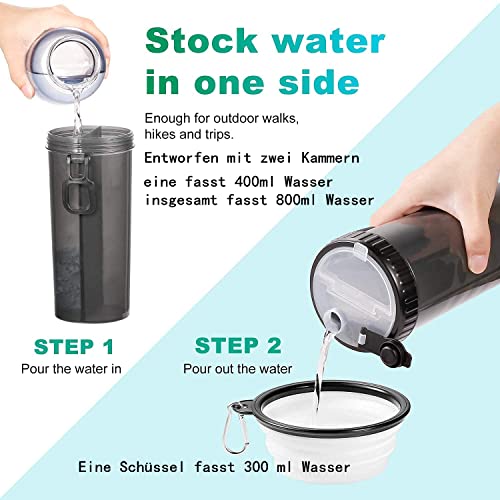 WOMGF Wasserflasche Hunde Unterwegs mit 2er Reisenäpfe Haustier Trinkflasch 2-in-1 Faltbare Hundenäpfe für Resie 800ML Schwarz