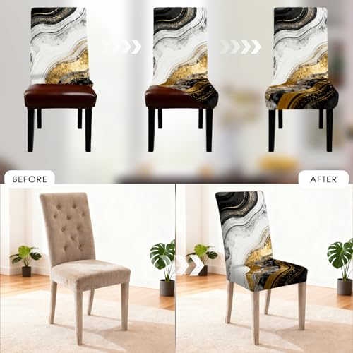 Image of Nuxovilar 6PCS Black White Gold Wave Ink Texture Stretch Covers | Stretch Slipcover Modern Protector Wave Ink Wrap Seat Guard Dining Room Living Luxury Space (Gold Wave Ink)