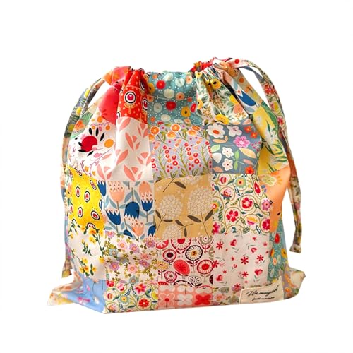 Vintage Floral Drawstring Makeup Bag,Toiletries Travel Bag Organizer with Durable Cotton Fabric Retro Coquette Aesthetic Cosmetic Pouch for Women Girls Pouches for Jewelry (Multi-colored floral grid)