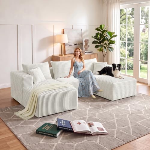 Image of 93 inch U-Shaped Boneless Couch, Corduroy Cloud Couch Sectional with Chaise and Ottoman, Deep Seat Modular Sectional Sofas for Living Room, No Assembly - Beige (Left Facing Chaise)