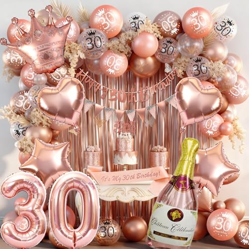 Rose Gold 30th Birthday Decoration for Women - Happy 30th Birthday Banner Triangle Flag Banner Number 30 Balloons Foil Curtains for Party Decorations