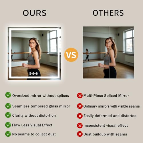 Image of Koonmi Home Gym Mirror, 47 inchx47 inch Heavy Duty Large Seamless Tempered Glass Wall Mirrors with LED Lights for Gym, Workout, Yoga, Fitness, Dance Studio, Home, Exercise Room, Bathroom