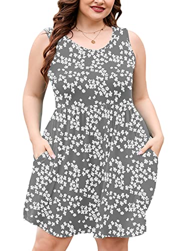 Image of AusLook Plus Size Summer Tank Dress for Women Casual Sleeveless Crewneck Pleated Babydoll Swing Sundresses with Pockets 1X-5X