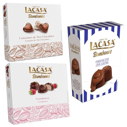 Pack Lacasa bombones chocolate con leche 72 G & bombones corazón tres chocolates 200 G & bombones frambuesa 200 g