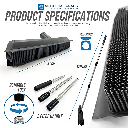 Artificial Grass Brush Astro Turf Brush − Soft Rubber Bristles and 3-Section Stainless Steel Handle, Artificial Grass Rake Rubber Broom + Free Care Guide
