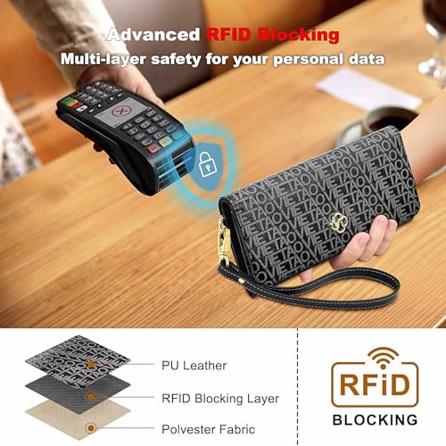 Image of Womens Wallet, RFID Blocking Wristlet Wallets for Women, Large Capacity Leather Clutch Purse for Ladies Daily Use and Travel, Card & Phone Holder - Black