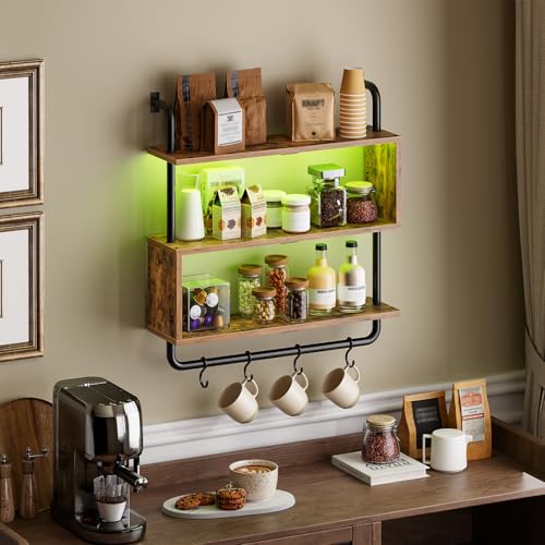 Image of HOOBRO Floating Shelves with LED Lights, 29.5 inch LED Wall Mounted Gaming Shelf, 3-Tier Pipe Display Rack with Hanging Rod and 4 S-Hooks, for Storage Livingroom, Bedroom, Rustic Brown and Black BF21DBJ01
