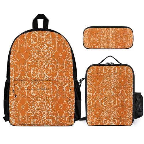 3-in-1 Backpack Combination Set Orange Pattern Print 3Pcs Backpack Sets Travel Daypack with Lunch Bag And Cosmetic Bag