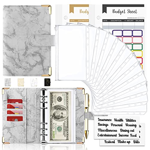 Onlyesh Budget Binder,Cash Envelopes for Budgeting,Money Organizer for Cash,28Pcs Budget Binder with Cash Envelopes,Marble 6Ring Saving Binder(Grey)