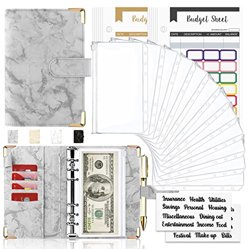 Onlyesh Budget Binder, Cash Envelopes for Budgeting, Money Organizer Cash, 28Pcs Binder with Envelopes, Marble 6-Ring Saving Binder(Grey)