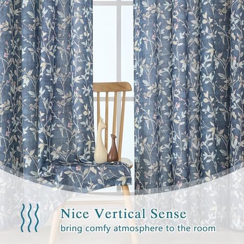 Image of Chyhomenyc Light Filtering 84 Inch Window Curtains - Linen Blend Floral Printed Curtains Drapes for Living Room, Soft Farmhouse Curtain for Bedroom, 52Wx84L Inch, 2 Panels, Blue