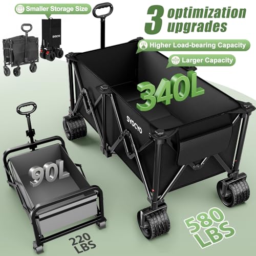 Image of Beach Wagon Carts Foldable 580LBS Collapsible Wagon with Big All-Terrain Wheels for Sand 340L Heavy Duty Utility Carts with Cup Holders for Garden, Camping, Grocery, Black