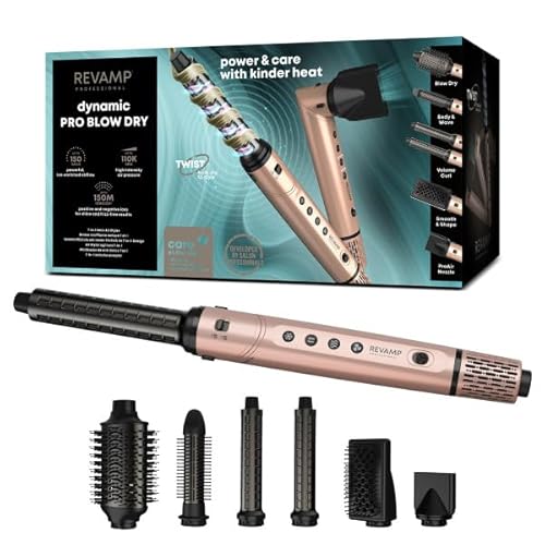 REVAMP Dynamic Radiance 7-in-1 Airstyler - Haartrockner und Multistyler mit bürstenlosem Motor für schnelles Föhnen, Volumen, Glätten - Warmluftbürste lange haare, 6 Aufsätze, Beauty Tasche