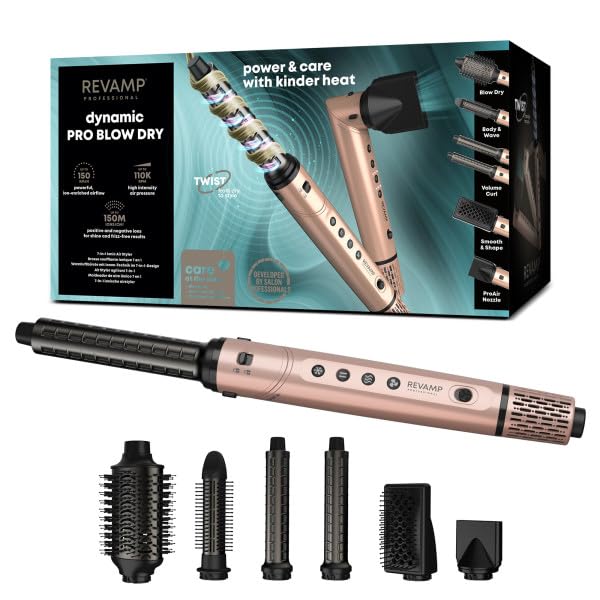 REVAMP Dynamic Radiance Pro Blow Dry Styler 7 en 1 – Motor Brushless, Secado Rápido, Volumen, Cepillo Retráctil, Rizos Automáticos, 6 Accesorios de Estilo, Bolsa de Belleza