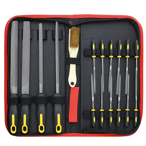 Longruner 18pcs Metal File Set with4 Flat/Half-round/Round/Triangle Files, 12 Needle Files, Cleaning Brush & Carrying Case for Woodwork Metal Model Hobby Applications LET031