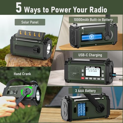 Image of PRUNUS J-924 10000mAh Hand Crank Radio Solar, Battery Powered and USB Charging Emergency, AM /FM /SW, Torch & Reading Light, SOS Alarm, Bluetooth /Micro SD Card /USB Drive, Compass for Camping（Green）
