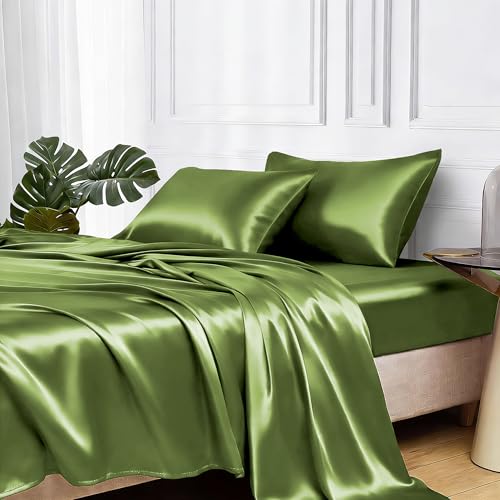 Image of MR&HM Satin Bed Sheets, Queen Size Sheets Set, 4 Pcs Silky Bedding Set with 15 Inches Deep Pocket for Mattress (Queen, Sage)