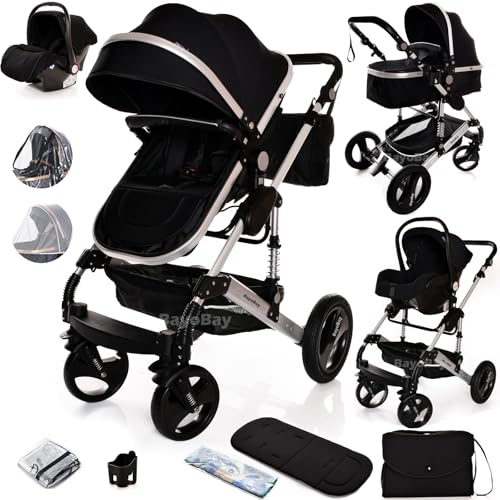 Cochecito de bebé 3 en 1, cochecito plegable ligero 3 en 1, sistema de viaje para recién nacidos y niños pequeños de 0 a 36 meses desde el nacimiento de aluminio (negro - marco plateado)