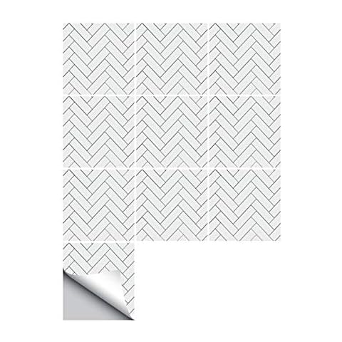 Ancoree White Herringbone Tile Stickers for Kitchen Backsplash Bathroom Floor Countertop Waterproof Removable Decals Home Decor, Non-Slip Floor Sticker,10PCS (G,15 x 15 cm) Cover