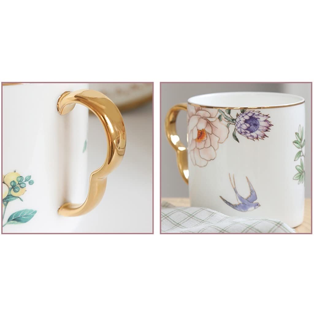 BONAD Podróżny kubek do kawy kubek porcelana kostna domowa filiżanka do herbaty para filiżanka do kawy kreatywny wzór kwiatu i ptaka filiżanka do herbaty kubek na mleko kubek do kawy (kolor: E)