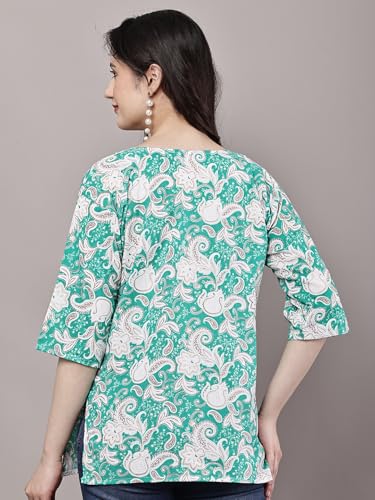 Image of Women's Red Printed Short Kurti with Lace Trim, 3 /4 Sleeves, Round Neck, Ethnic Style