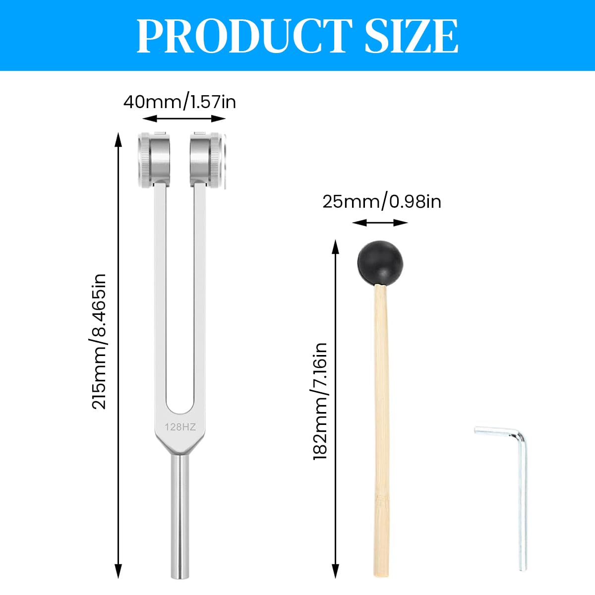 HASTHIP® Tuning Fork 128Hz, Aluminum Alloy Tuning Fork for Acoustic Testing, Healing and Sound Therapy 128Hz Low Frequency Tuning Fork Set with Rubber Hammer, Wrench Tool, Storage Pouch 1