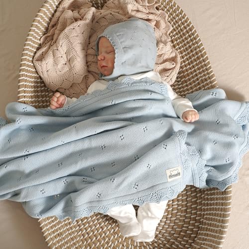 Image of mimixiong Cotton Baby Blanket Knitted Crochet Receiving Crib | Nursery Swaddling Blankets for Newborn Baby Boy Girl LightBlue 30x40 Inch