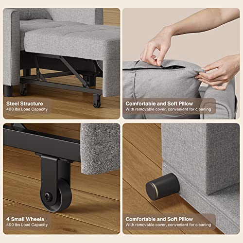 Convertible Sleeper Sofa Chair Bed, 3-In-1 Single Convertible Chair Bed, Adjustable Chair With Pillow And Pocket, Multi-Functional Sleeper Chair With Modern Linen Fabric For Apartment, Light Gray #TOP5
