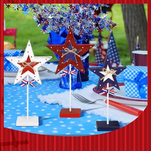 Image of 3 Pcs 4th of July Star Table Centerpieces Patriotic Tabletop Decorations for Tiered Tray Decor Patriotic Decorations Independence Day Desktop Ornament Blocks Freestanding(Classic Style)