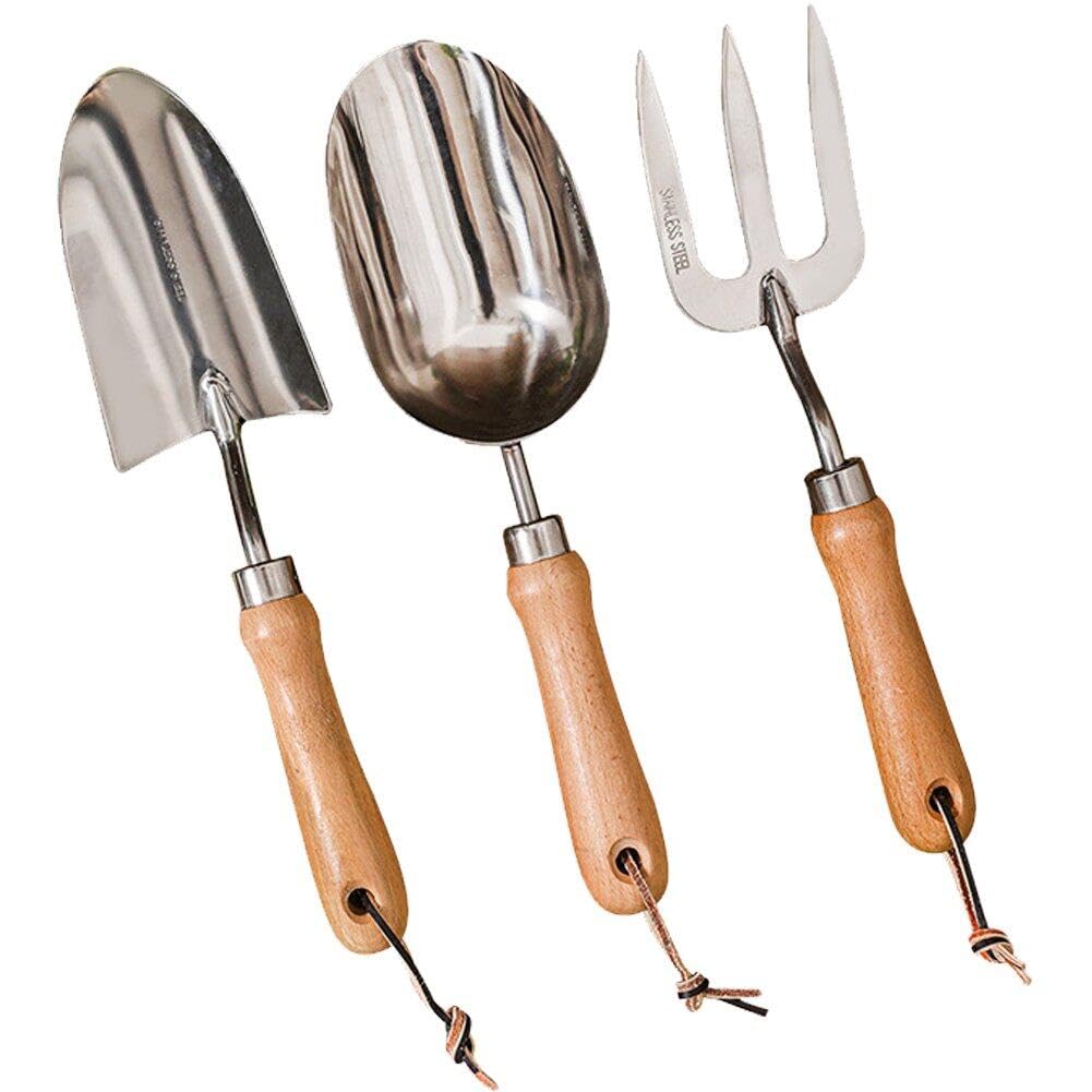 Hrippy 3 Pezzi Kit di Attrezzi Giardinaggio, Utensili Bonsai Rastrellati Giardino Impostare Manico in Legno per Fiori in