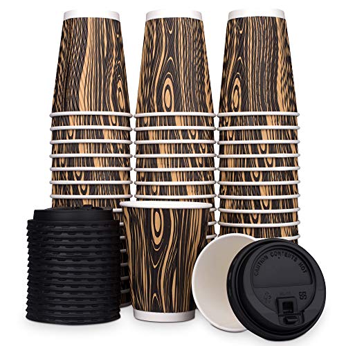 Nobleroyalcity-(NRC) Wood Design Disposable Coffee Cups with Lids - Leakproof Togo Coffee Cup Set with Secure Lids - Safety Ripple Wall for Hot and Cold Drinks - Sturdy Paper Beverage Cups - 12 oz