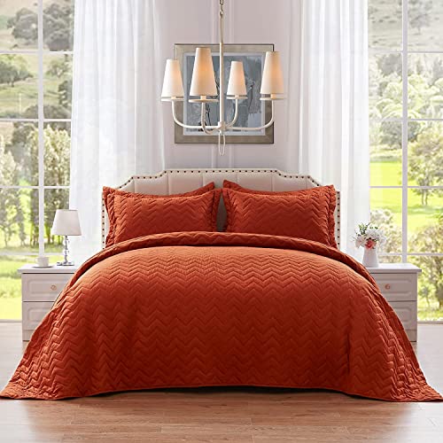 Nexhome King Size Quilt Set Lightweight Bedspreads Soft Microfiber Reversible Quilted Coverlet Rust Modern Style Polyline Pattern Bedding Set For All Season 3 Pieces (1 Quilt, 2 Pillow Shams) #TOP7