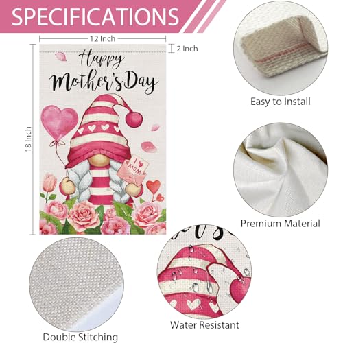 Heyfibro Happy Mother's Day Gnome Garden Flag 12x18 Double Sided Burlap, I Love Mom Flower Rose Love Heart Yard Banner for Spring Outside Outdoor House Mothers Day Decoration (ONLY FLAG) - Image 5
