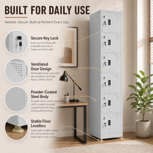 Image of Amazon Brand - Solimo Vertical 6 Door Steel Storage Locker, 183 CM Height Floor Standing Metal Cabinet with Individual Locks & Keys, Powder-Coated Havells Grey for Gym, School, Office & Workplace