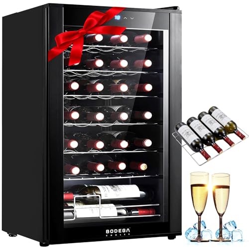 BODEGACOOLER 28 Bottle Compressor Wine Cooler for Home and Kitchen, Freestanding Mini Fridge with Digital Touchscreen, LED Display,Split Storage for Red & White Wines,Matte Black Refrigerator Home Bar