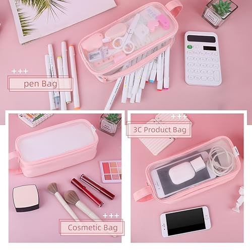 Image of Oyachic Clear Pencil Case,Grid Mesh Pencil Pouch,Pencil Bags with Double Zipper,Transparent Pencil Box for Aduts, Pink