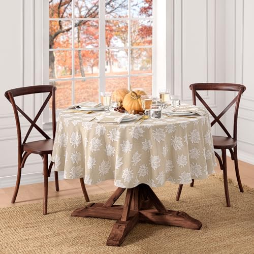 Elrene Home Fashions Falling Leaves Jacquard Harvest/Thanksgiving Cotton Tablecloth, 70" Round, Taupe