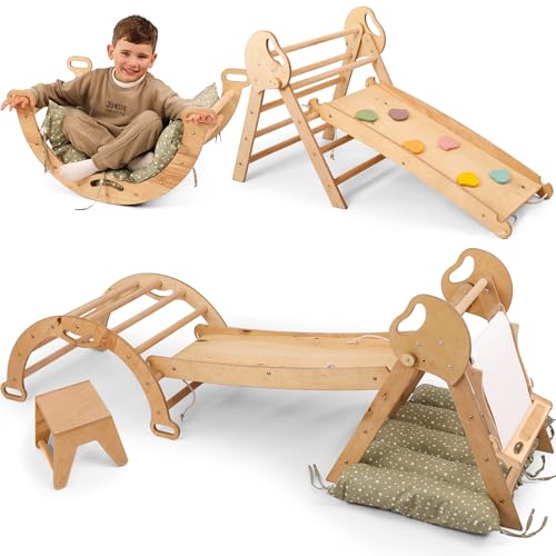 Goodevas 5-in-1 Klettergerüst Indoor aus Holz mit Rutsche – Kletterdreieck Montessori für Kinder ab 1 Jahr, Indoor Spielplatz Baby Kletterset, Indoor Kletterspielzeug Dreieck & Kunst hinzufügen