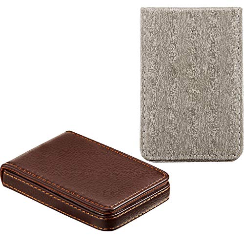 Image of Outus 2 Pieces Business Card Holder, PU Leather Business Card Case Pocket Wallet with Magnetic Shut for Christmas Gift Men Women(Coffee and Gray,Classic)