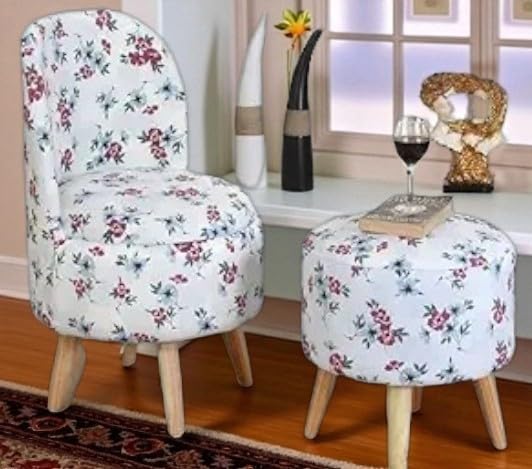 Image of Ottoman for Living Room, Velvet Round Foot Rest Stool, Wooden Legs Chair for Sitting, Ottoman for Bedroom & Makeup Room Decor | Chair (18 inchx18 inchx32 inch), Puffy (16 inchx16 inchx17 inch) | White Flower