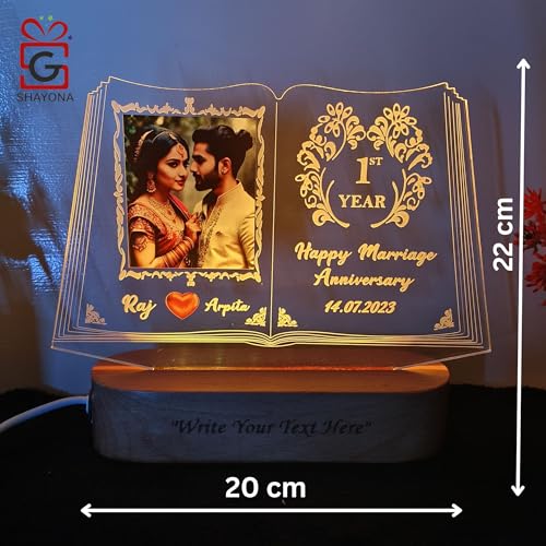 Image of Personalized 3D Illusion LED Table Lamp Book Shape Customized Photo Lamp for Couple Gift Anniversary, Wedding, Marriage, Valentine Day- Your Wooden Base Text Egraved, Multicolor Light