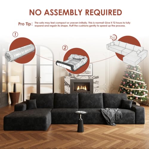 Image of Boneless Couch, Modular Sectional Couches for Living Room, U-Shaped Cloud Couch Sofa with Deep Seat, Fluffy Corduroy Upholstered Corner Sofa